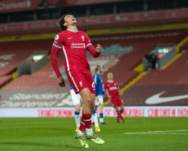 Liverpool's Trent Alexander-Arnold looks dejected after missing a chance during the FA Premier League match between Liverpool FC and Everton FC, the 238th Merseyside Derby, at Anfield