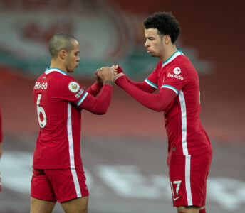 Liverpool's Thiago Alcantara (L) and Curtis Jones before the FA Premier League match between Liverpool FC and Everton FC, the 238th Merseyside Derby, at Anfield