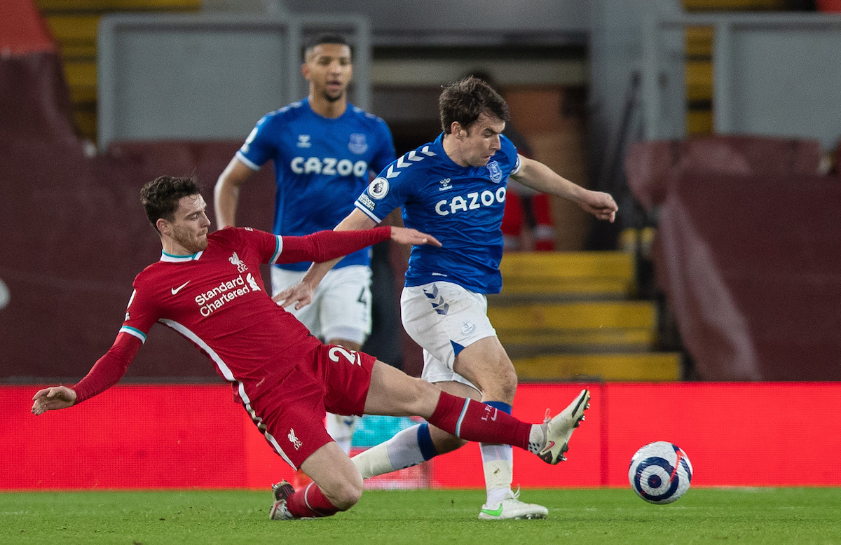 Liverpool's Andy Robertson tackles Everton's captain Seamus Coleman during the FA Premier League match between Liverpool FC and Everton FC, the 238th Merseyside Derby, at Anfield