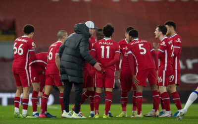 Liverpool's manager Jürgen Klopp speaks to his team at half-time during the FA Premier League match between Liverpool FC and Everton FC, the 238th Merseyside Derby, at Anfield