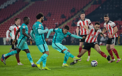 Liverpool's Roberto Firmino scores the second goal during the FA Premier League match between Sheffield United FC and Liverpool FC at Bramall Lane