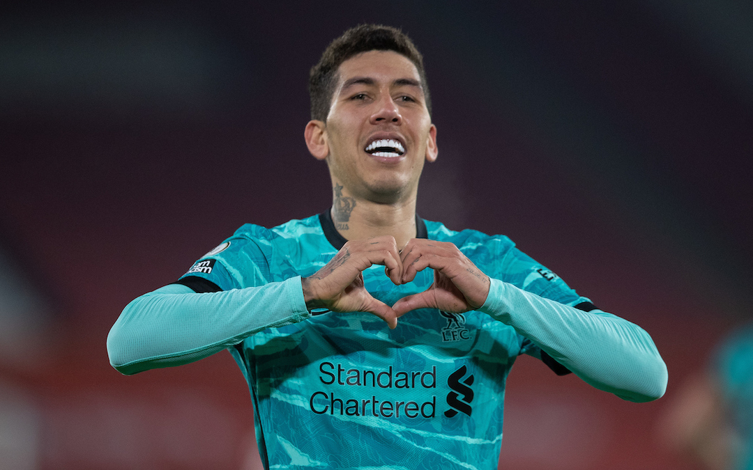 Liverpool's Roberto Firmino celebrates after scoring the second goal during the FA Premier League match between Sheffield United FC and Liverpool FC at Bramall Lane