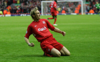 Liverpool's Sami Hyypia celebrates scoring the opening goal against Juventus during the UEFA Champions League Quarter Final 1st Leg match at Anfield