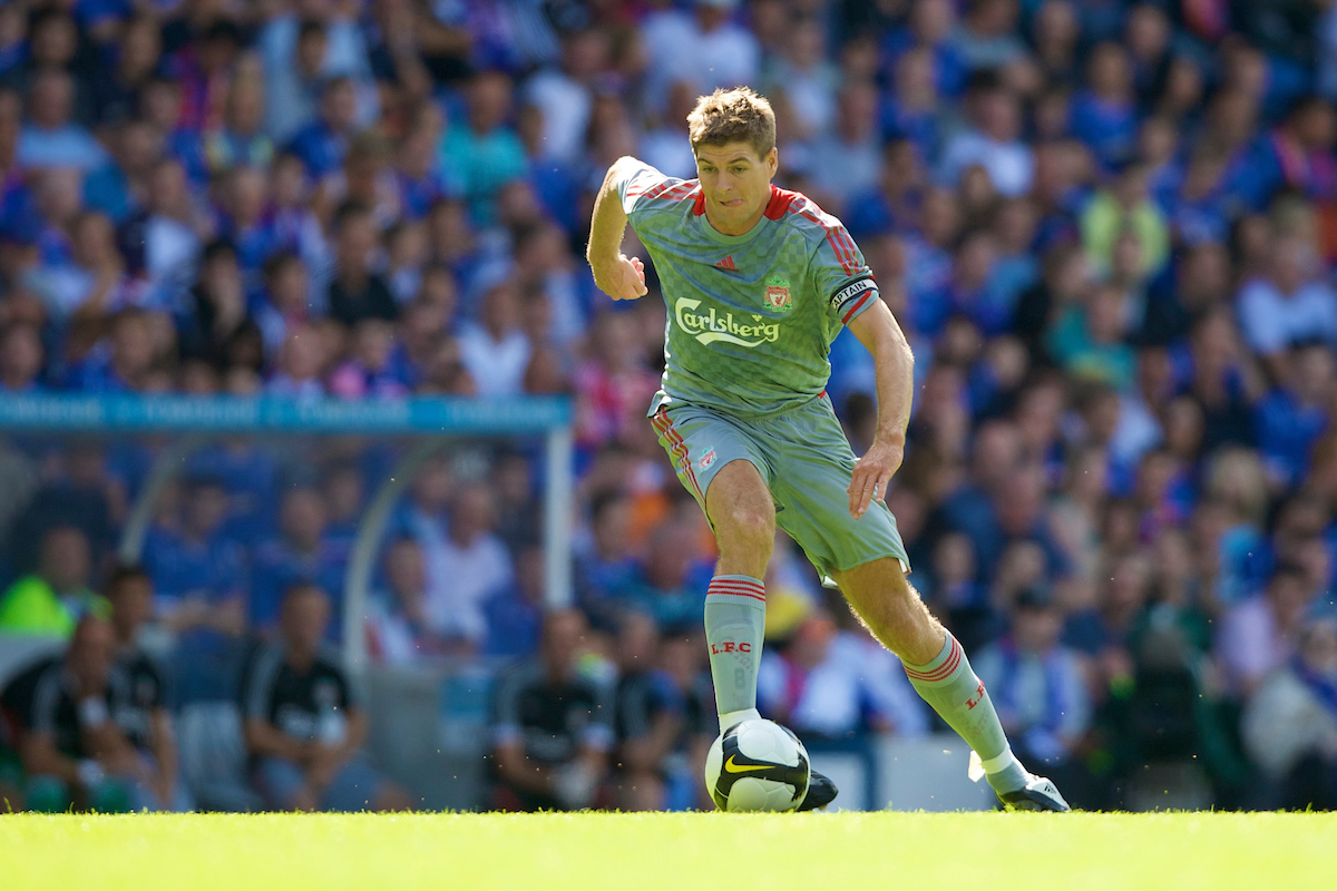 Saturday, August 2, 2008: Liverpool's captain Steven Gerrard MBE in action against Rangers during a pre-season friendly match at Ibrox Stadium.