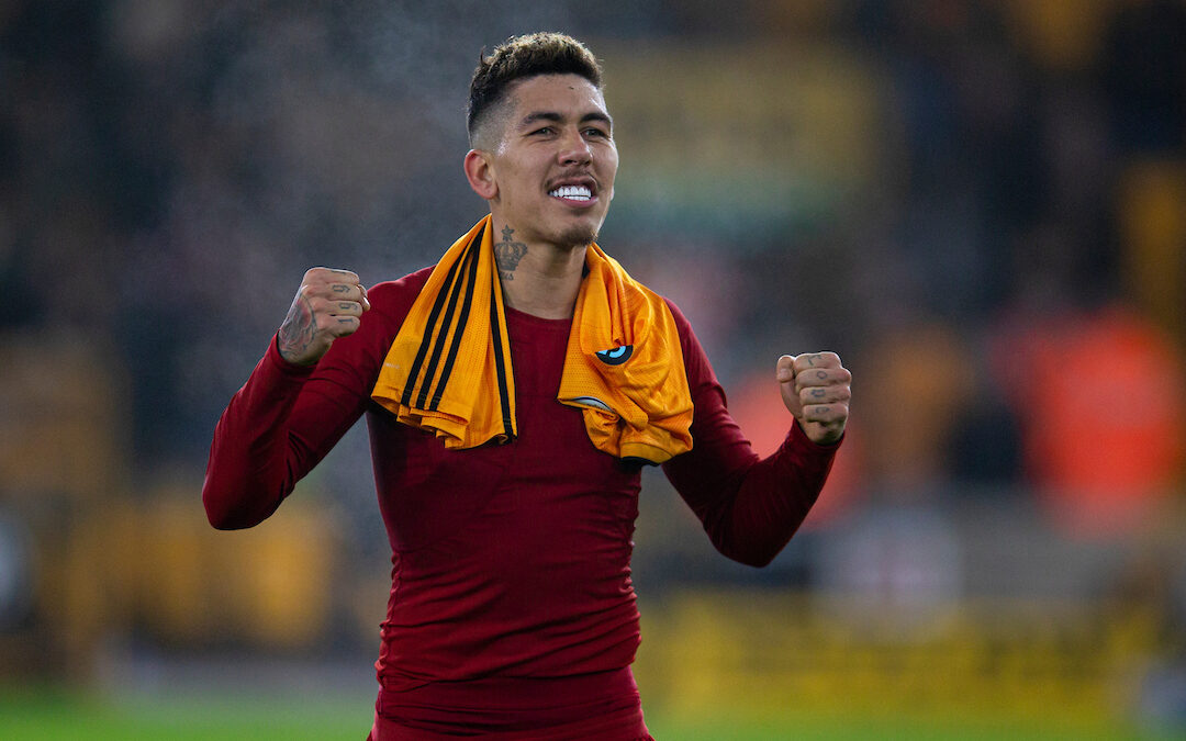 Roberto Firmino celebrates after the FA Premier League match between Wolverhampton Wanderers FC and Liverpool FC at Molineux Stadium