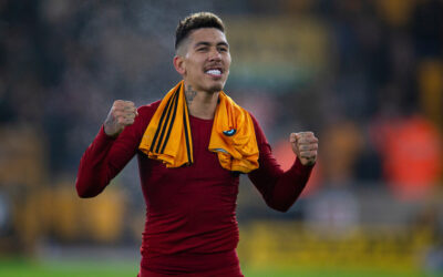 Roberto Firmino celebrates after the FA Premier League match between Wolverhampton Wanderers FC and Liverpool FC at Molineux Stadium