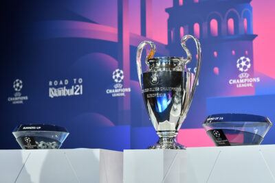 NYON, SWITZERLAND - Monday, December 14, 2020: A general view of the draw table with the European Cup trophy before the UEFA Champions League 2020/21 Round of 16 draw at the UEFA Headquarters, the House of European Football.