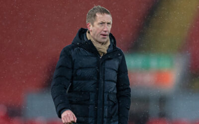 Brighton & Hove Albion's manager Graham Potter walks onto the pitch after the FA Premier League match between Liverpool FC and Brighton & Hove Albion FC at Anfield