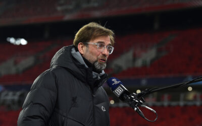 Liverpool's manager Jürgen Klopp gives a television interview before the UEFA Champions League Round of 16 1st Leg game between RB Leipzig and Liverpool FC at the Puskás Aréna