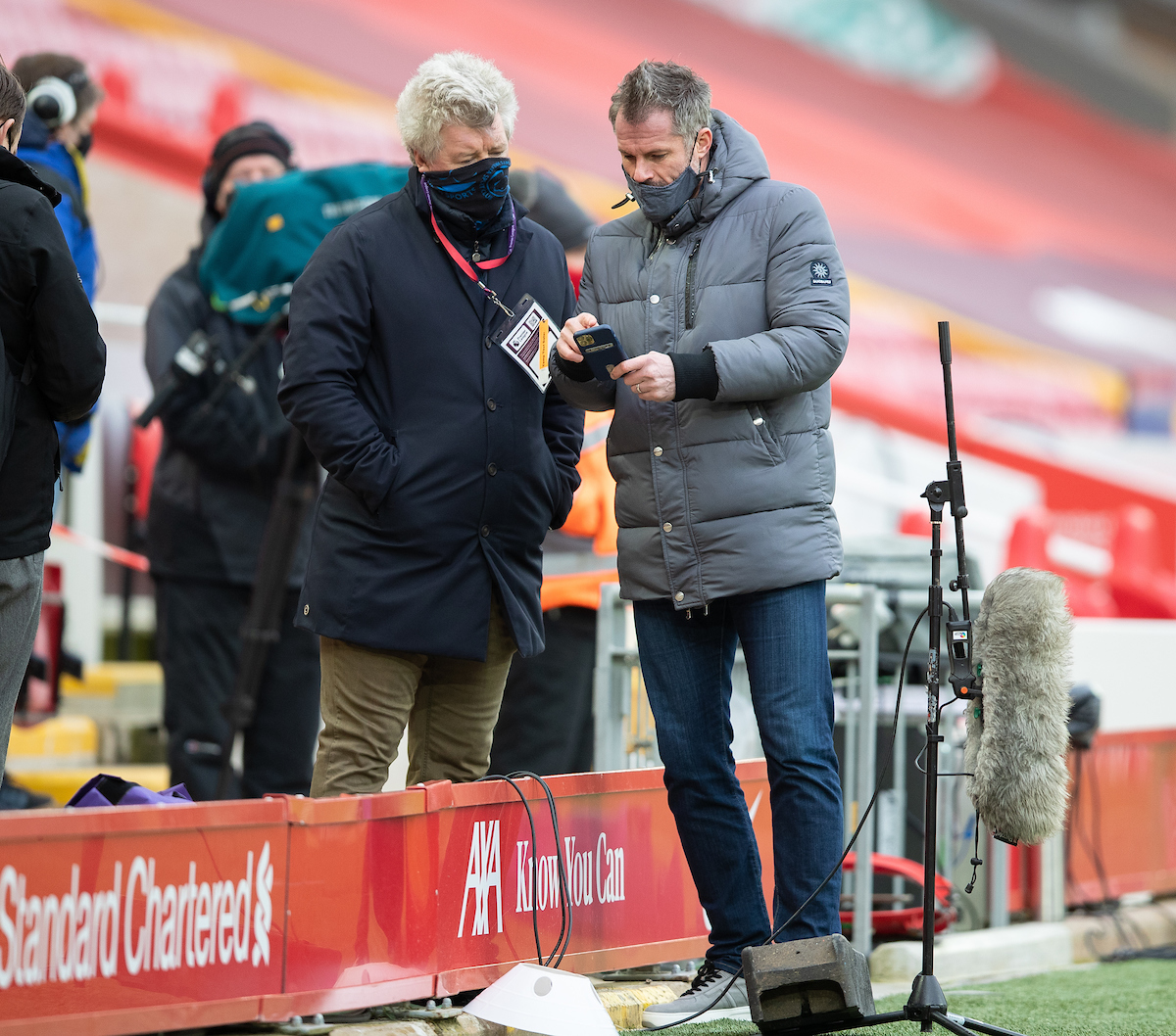 Former Liverpool player Jamie Carragher during the FA Premier League match between Liverpool FC and Everton FC, the 238th Merseyside Derby, at Anfield