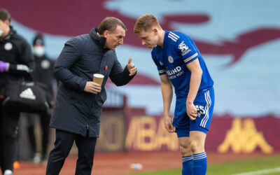 Premier League Preview: Leicester City's manager Brendan Rodgers speaks with Harvey Barnes at half-time during the FA Premier League match between Aston Villa FC and Leicester City FC at Villa Park