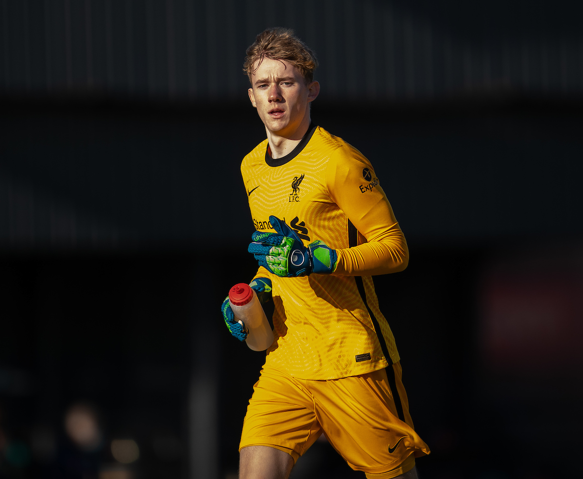 Liverpool's goalkeeper Liam Hughes during the Premier League 2 Division 1 match between Liverpool FC Under-23's and Arsenal FC Under-23's at the Liverpool Academy