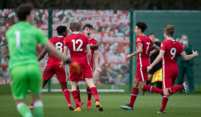 Liverpool's Mateusz Musialowski celebrates after scoring the winning second goal during the Under-18 Premier League match between Liverpool FC Under-18's and Everton FC Under-23's at the Liverpool Academy