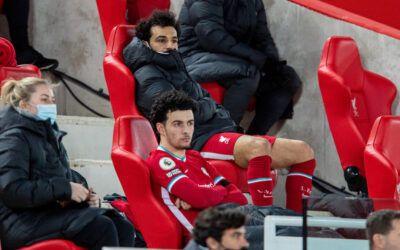 Liverpool's Mohamed Salah on the bench after being substituted during the FA Premier League match between Liverpool FC and Chelsea FC at Anfield