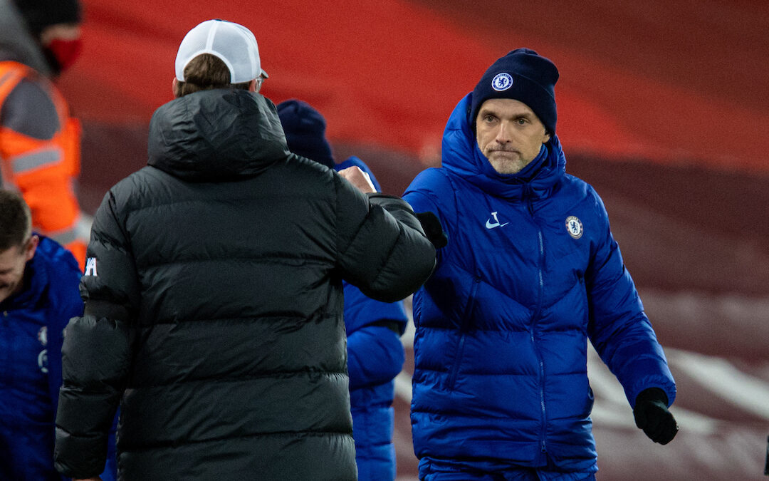 Liverpool 0 Chelsea 1: Thomas Tuchel (R) with Jürgen Klopp at the final whistle during the FA Premier League match between Liverpool FC and Chelsea FC at Anfield