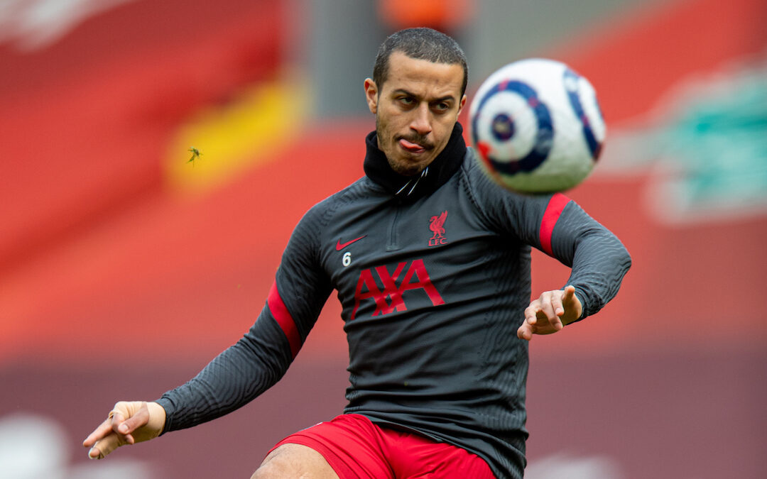 Liverpool's Thiago Alcantara during the pre-match warm-up before the FA Premier League match between Liverpool FC and Fulham FC at Anfield