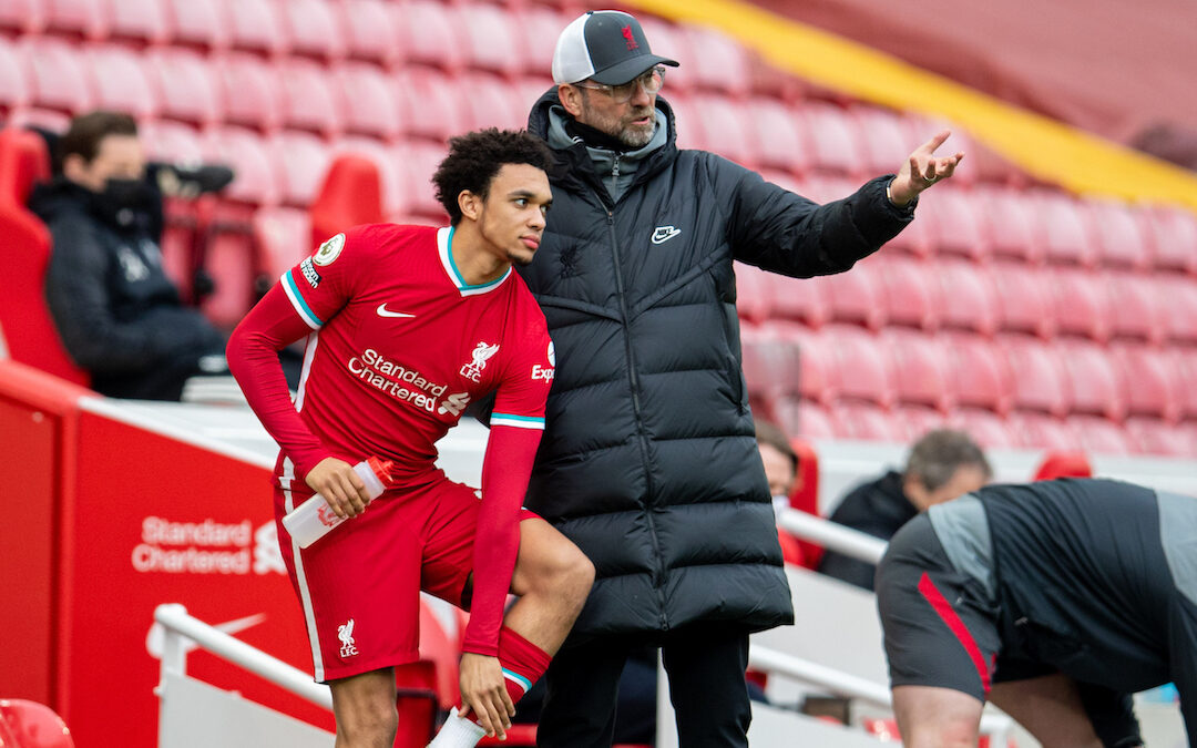 Liverpool's manager Jürgen Klopp prepares to bring on substitute Trent Alexander-Arnold during the FA Premier League match between Liverpool FC and Fulham FC at Anfield