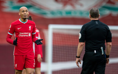 Liverpool's Fabio Henrique Tavares 'Fabinho' speaks with referee Kevin Friend during the FA Premier League match between Liverpool FC and Fulham FC at Anfield. Fulham won 1-0 extending Liverpool's run to six consecutive home defeats.
