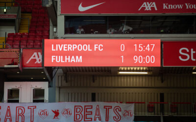Liverpool's scoreboard during the FA Premier League match between Liverpool FC and Fulham FC at Anfield. Fulham won 1-0 extending Liverpool's run to six consecutive home defeats.