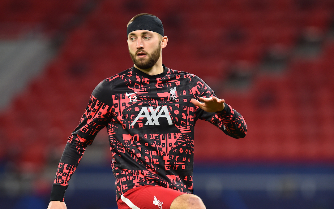 Liverpool's Nathaniel Phillips during the pre-match warm-up before the UEFA Champions League Round of 16 2nd Leg game between Liverpool FC and RB Leipzig at the Puskás Aréna