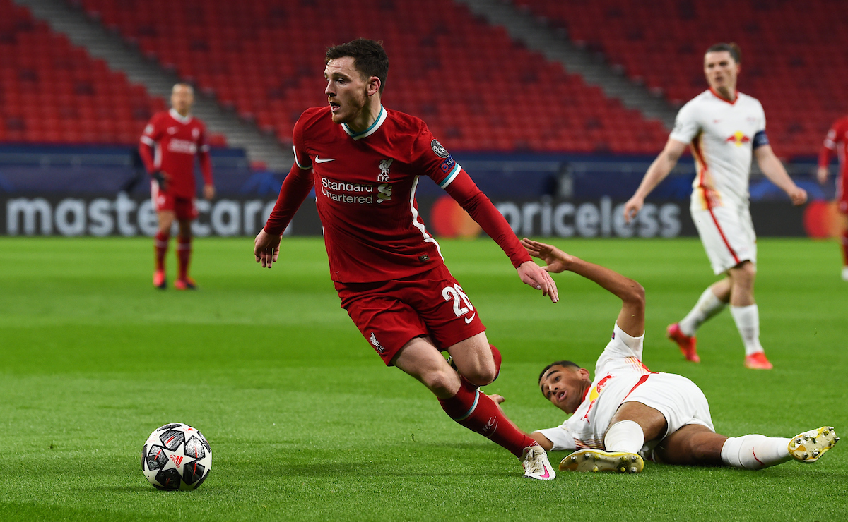 Liverpool's Andy Robertson during the UEFA Champions League Round of 16 2nd Leg game between Liverpool FC and RB Leipzig at the Puskás Aréna