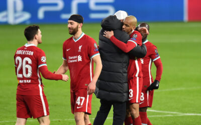 Liverpool's manager Jürgen Klopp embraces Fabio Henrique Tavares 'Fabinho' after the UEFA Champions League Round of 16 2nd Leg game between Liverpool FC and RB Leipzig at the Puskás Aréna