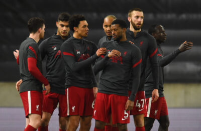 Liverpool's Trent Alexander-Arnold (L) and Georginio Wijnaldum during the pre-match warm-up before the FA Premier League match between Wolverhampton Wanderers FC and Liverpool FC at Molineux Stadium. Liverpool won 1-0.