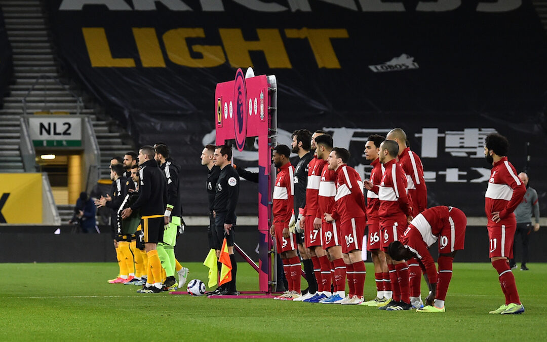 Liverpool players line-up before the Premier League match against Wolves at Molineux Stadium