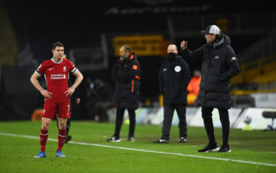 Liverpool's substitute James Milner (L) and manager Jürgen Klopp during the FA Premier League match between Wolverhampton Wanderers FC and Liverpool FC at Molineux Stadium