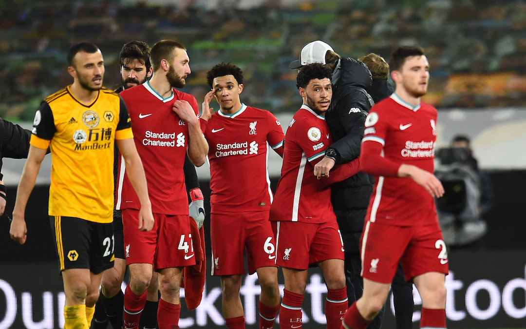 Liverpool players after the Premier League match between Wolves and Liverpool FC at Molineux Stadium