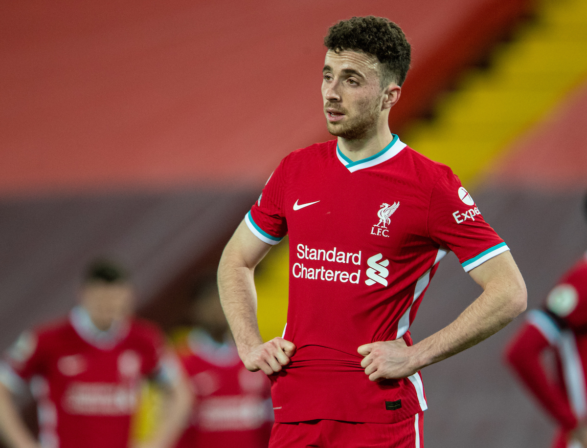 Liverpool's Diogo Jota looks dejected during the FA Premier League match between Liverpool FC and Chelsea FC at Anfield