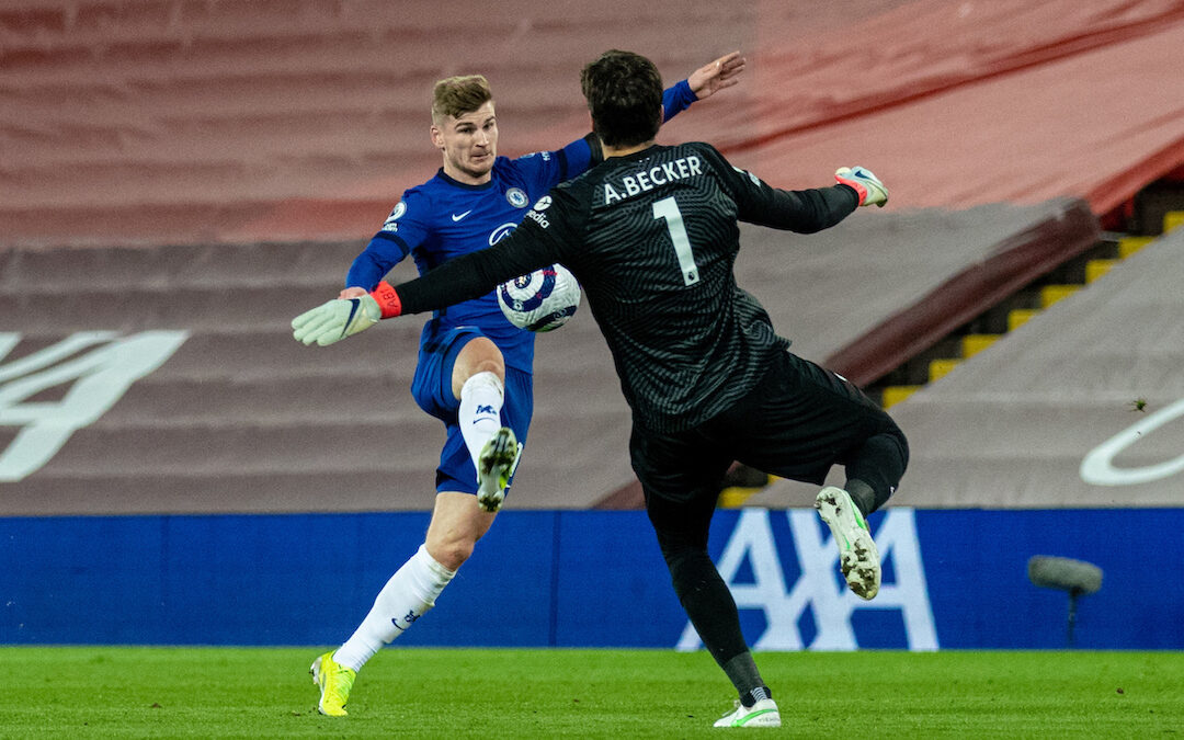 Liverpool 0 Chelsea 1: Timo Werner gets to the ball before Liverpool's goalkeeper Alisson Becker before scoring a goal, which was later disallowed after a VAR review during the FA Premier League match between Liverpool FC and Chelsea FC at Anfield