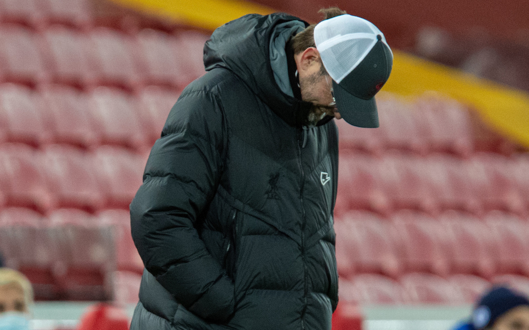 Liverpool's manager Jürgen Klopp looks dejected during the FA Premier League match between Liverpool FC and Chelsea FC at Anfield