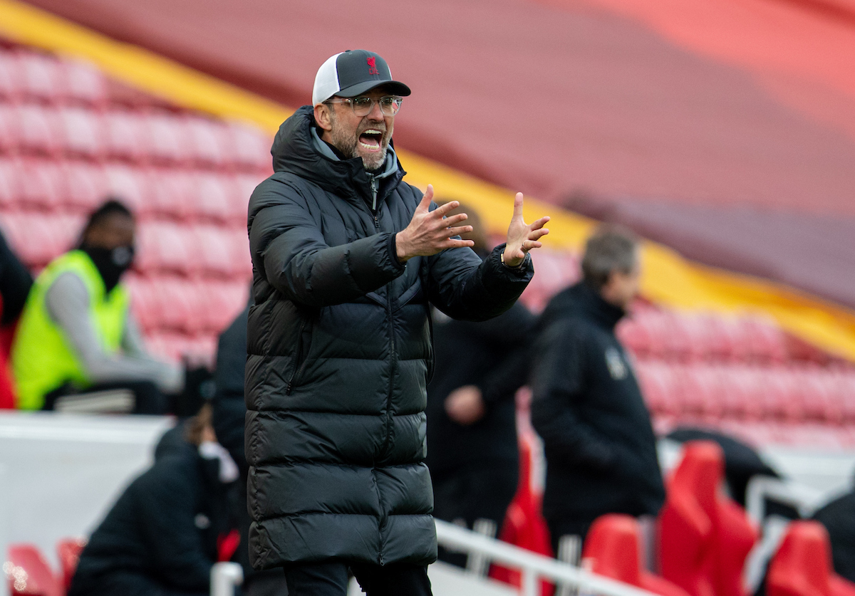 Liverpool's manager Jürgen Klopp reacts during the FA Premier League match between Liverpool FC and Fulham FC at Anfield