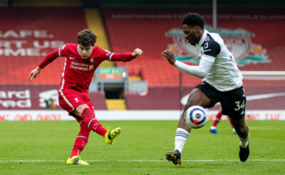 Liverpool's Neco Williams shoots during the FA Premier League match between Liverpool FC and Fulham FC at Anfield