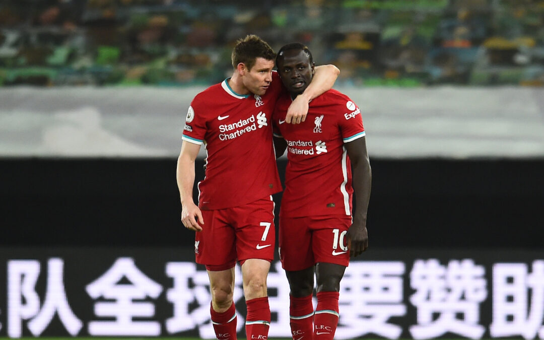 James Milner and Sadio Mane after the Premier League match between Wolves and Liverpool FC at Molineux Stadium