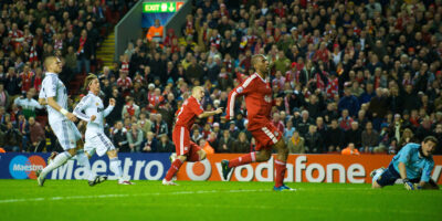 Andrea Dossena scores against Real Madrid at Anfield