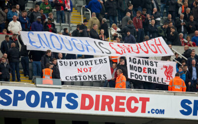 Liverpool fans protest against ticket prices before the Premier League match against Newcastle United at St. James' Park.