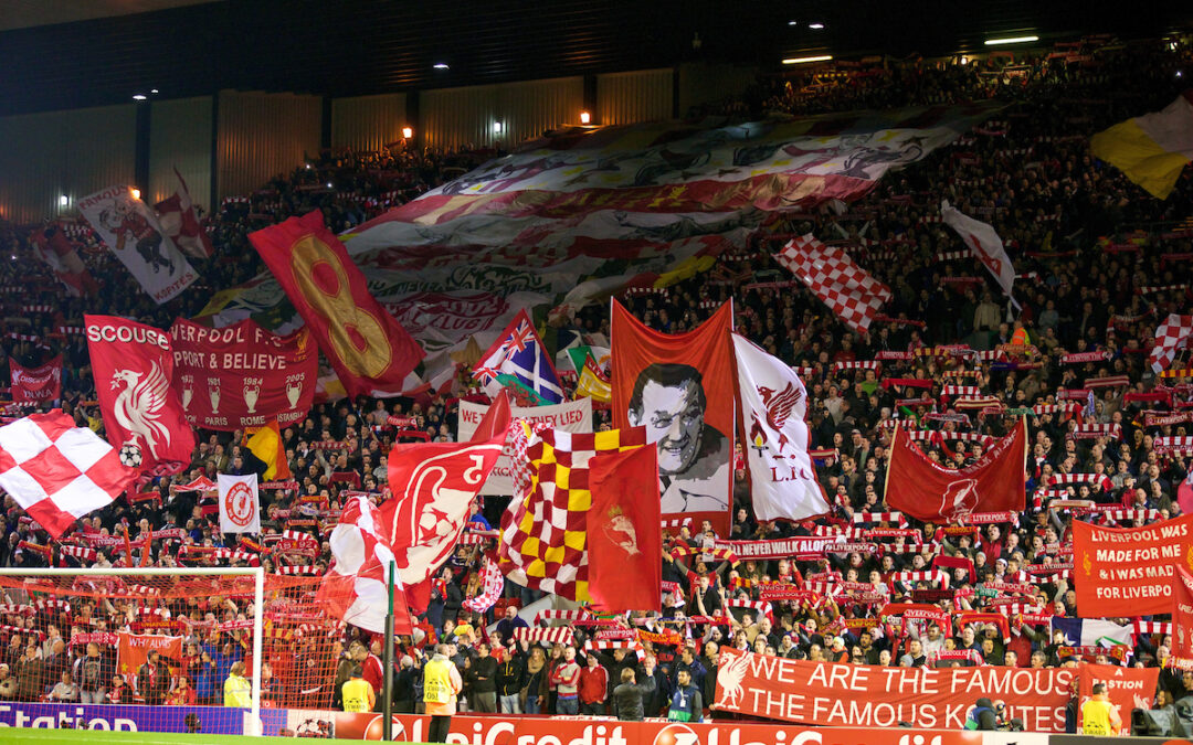 Wednesday, October 22, 2014: Liverpool supporters on the Spion Kop during the UEFA Champions League Group B match against Real Madrid CF at Anfield.