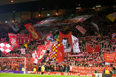 Wednesday, October 22, 2014: Liverpool supporters on the Spion Kop during the UEFA Champions League Group B match against Real Madrid CF at Anfield.