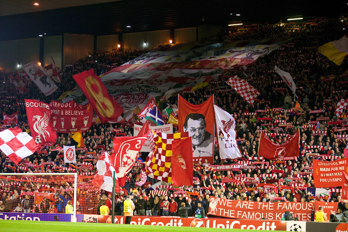 Wednesday, October 22, 2014: Liverpool supporters on the Spion Kop during the UEFA Champions League Group B match against Real Madrid CF at Anfield.