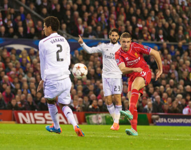 Wednesday, October 22, 2014: Liverpool's Jordan Henderson in action against Real Madrid CF during the UEFA Champions League Group B match at Anfield.