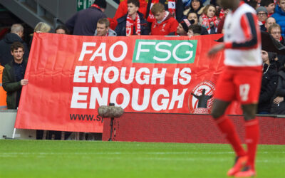 Saturday, February 6, 2016: Liverpool supporters protest with a banner "FAO FSG Enough is Enough" from the Spirit of Shankly group before the Premier League match against Sunderland at Anfield.