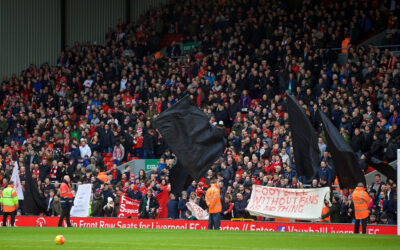 Saturday, February 6, 2016: Liverpool supporters protest with black flags and banners "Football without fans is nothing" before the Premier League match against Sunderland at Anfield.