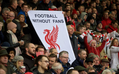 Saturday, February 6, 2016: Liverpool supporters protest with a banner "Football without fans is nothing" group before the Premier League match against Sunderland at Anfield.