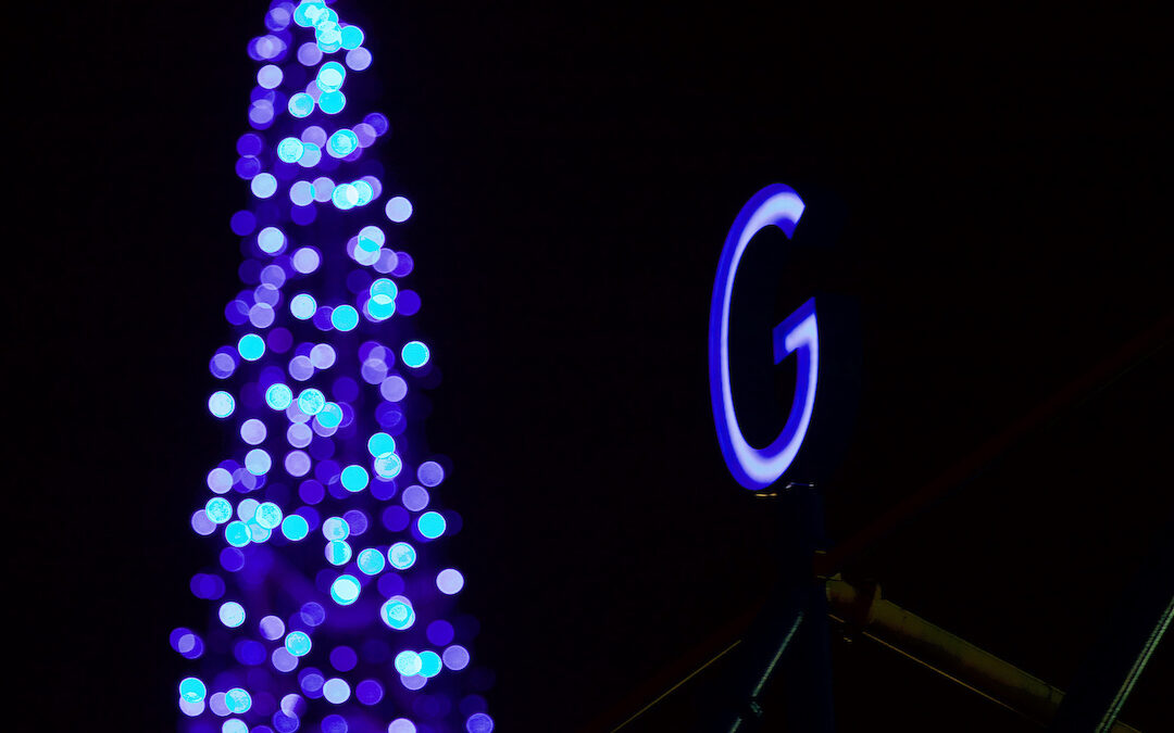 LIVERPOOL, ENGLAND - Monday, December 19, 2016: A neon letter G spelling Goodison and a blue illuminated Christmas tree outside Everton's Goodison Park stadium before the FA Premier League match against Liverpool, the 227th Merseyside Derby, at Goodison Park.