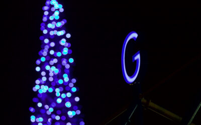 LIVERPOOL, ENGLAND - Monday, December 19, 2016: A neon letter G spelling Goodison and a blue illuminated Christmas tree outside Everton's Goodison Park stadium before the FA Premier League match against Liverpool, the 227th Merseyside Derby, at Goodison Park.