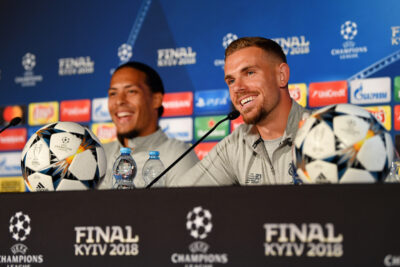 KIEV, UKRAINE - Friday, May 25, 2018: Liverpool's Virgil van Dijk and captain Jordan Henderson during a pre-match press conference at the NSC Olimpiyskiy ahead of the UEFA Champions League Final match between Real Madrid CF and Liverpool FC.