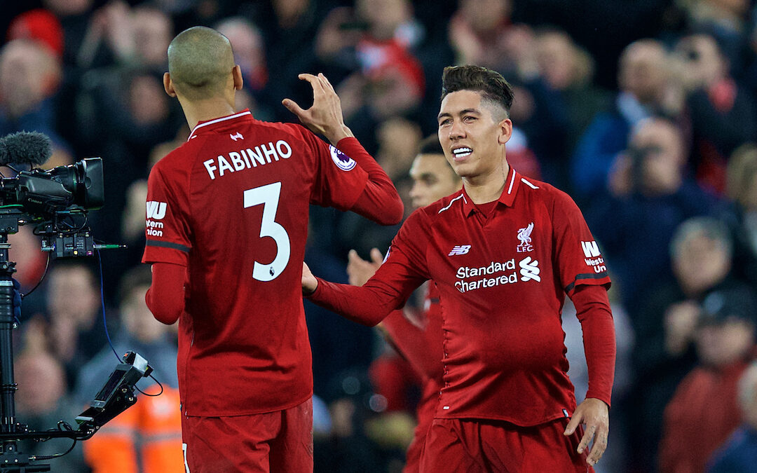 Liverpool's hat-trick hero Roberto Firmino celebrates after the 5-1 victory during the FA Premier League match between Liverpool FC and Arsenal FC at Anfield