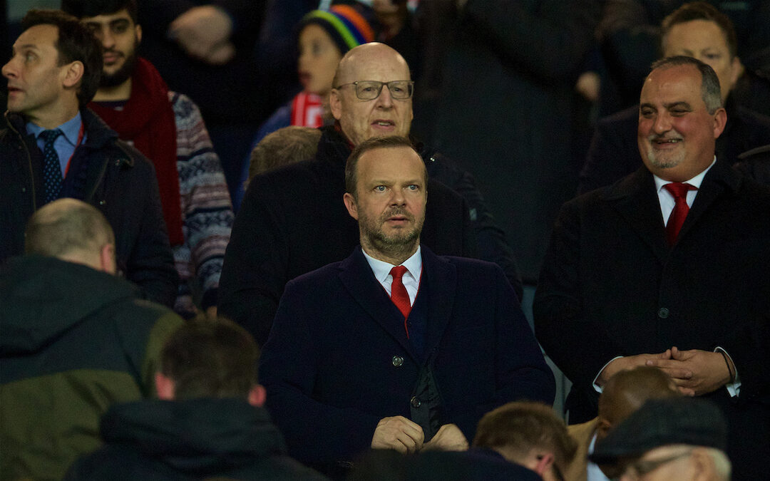 February 12, 2019: Manchester United's chief executive Edward Woodward (lower) and owner Avram Glazer (top) during the UEFA Champions League Round of 16 1st Leg match between Manchester United FC and Paris Saint-Germain at Old Trafford.